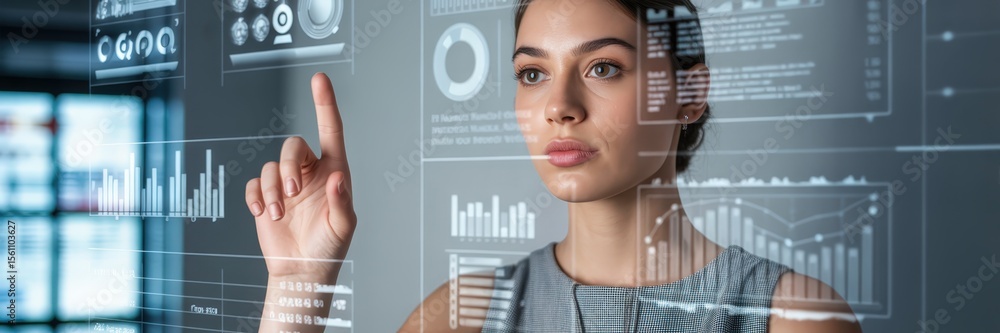Aufkleber woman interacting with a holographic display showing data visualizations.