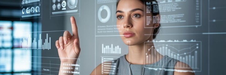 Woman interacting with a holographic display showing data visualizations.