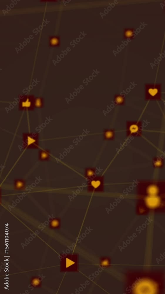 Poster digital animation of network of digital icons against grey background