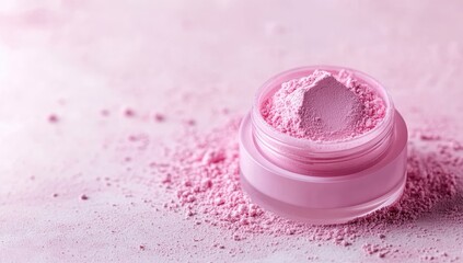 Pink powder cosmetic in a jar, scattered on a light pink surface