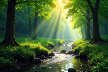 Obraz premium Tranquil Forest Stream Sunlight Dapples Peaceful Nature Scene, Ideal for Relaxation, Meditation, and Nature Therapy