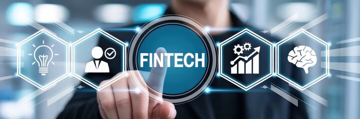 Person touching a fintech interface with various business icons.