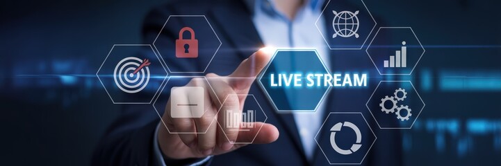 A hand touches a live stream interface.