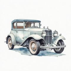 A charming watercolor illustration of a vintage car, delicately painted with soft, nostalgic tones. The classic curves and retro details are captured with gentle brushstrokes