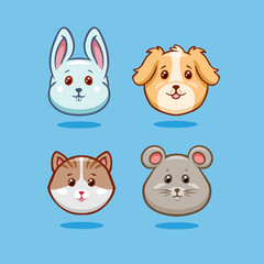 Kawaii Animals Head Set Vector Cartoon Characters. Rabbit, dog, cat and mouse cartoon animals collection isolated vector illustration. 