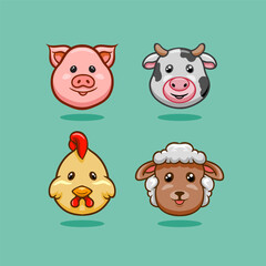 Kawaii Animals Head Set Vector Cartoon Characters. Pig, cow, chicken and sheep cartoon animals collection isolated vector illustration. 