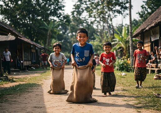 Indonesian children playing sack race in village under the sun on Merdeka Day