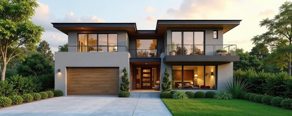 A newly constructed home showcases modern architecture with large windows and a landscaped yard, offering a bright and inviting exterior view , beautiful, contemporary