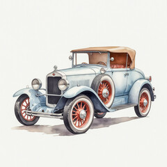 A charming watercolor illustration of a vintage car, delicately painted with soft, nostalgic tones. The classic curves and retro details are captured with gentle brushstrokes