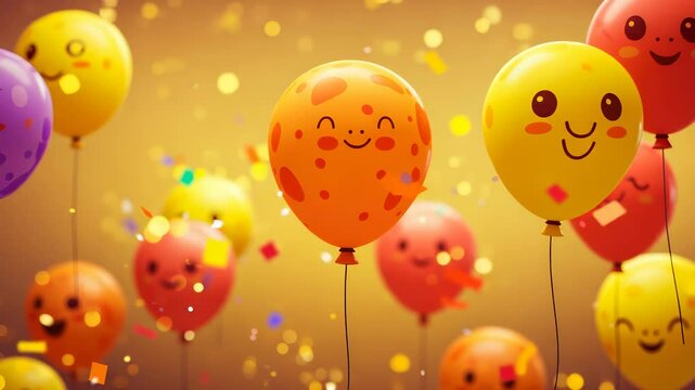 Festive Balloons with Smiley Faces on Gold Bokeh Background with Confetti A Celebratory Joyful Design