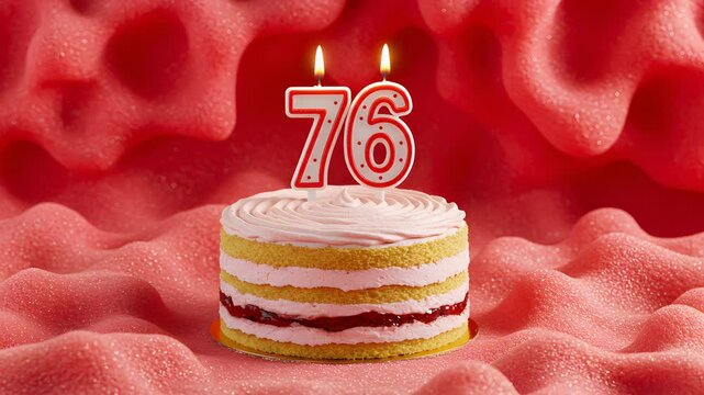 Festive Layered Cake with Pink Frosting and '76' Candles on Textured Red Background for a Delightful Birthday Celebration
