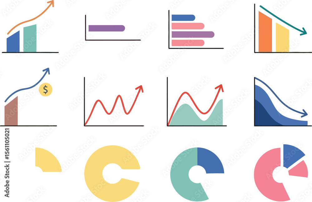 Poster a collection of various colorful data charts and graphs on white background