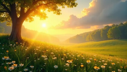 Fototapeta premium Serene landscape bathed in golden sunlight, evoking a sense of divine peace and spiritual connection with nature Perfect for meditation, prayer, or reflecting on faith , cosmos, golden hour