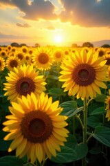 Obraz premium A vibrant field of sunflowers, their golden heads following the sun, creating a mesmerizing natural pattern Perfect for backgrounds, textures, or nature-themed projects , bright, golden hour
