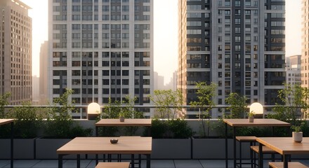 Rooftop terrace scene with wooden tables and lush greenery against modern city skyline. Warm sunlight illuminates the architectural elements creating a serene ambiance.