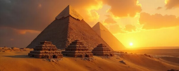 Majestic Great Pyramid of Giza, bathed in the golden light of sunrise Ancient wonder, iconic landmark, timeless monument of Egypt Explore the history and mystery , monument, archaeology, sunset