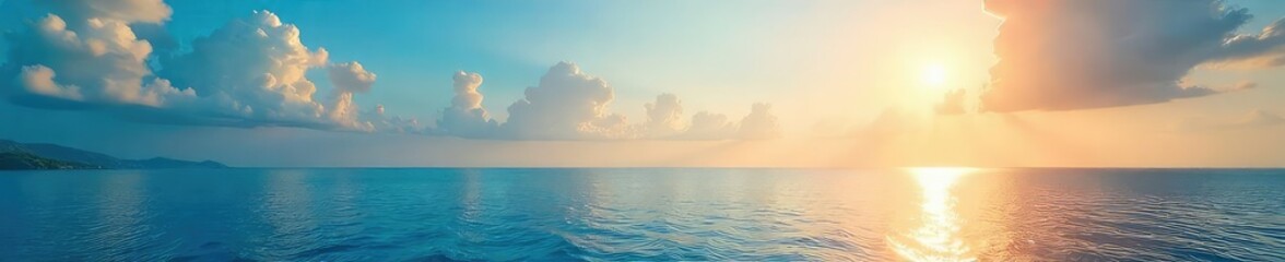 A majestic, sun-drenched vista of a tranquil sea, reflecting a brilliant sky; the feeling of serene triumph and peace prevails , inspirational, waterfront, peace