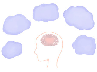 脳疲労や頭痛：疲れた状態の脳とモヤモヤした吹き出し