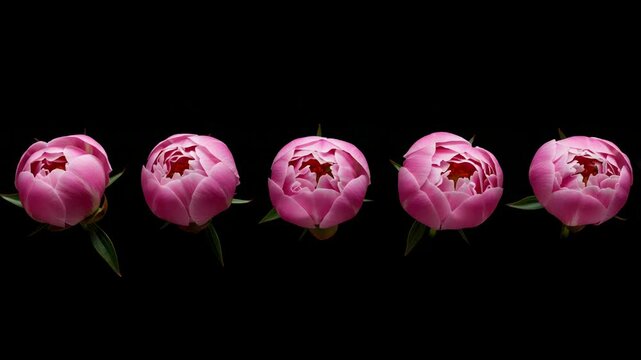 Five Pink Peony Buds Line Up against Solid Black Background Showing Delicate Petals Blossoming