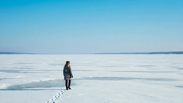Figure in Gray Coat Walking on Vast Snow Field under Clear Blue Sky Cold Winter Weather