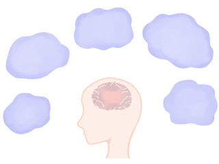 脳疲労や頭痛：疲れた状態の脳とモヤモヤした吹き出し
