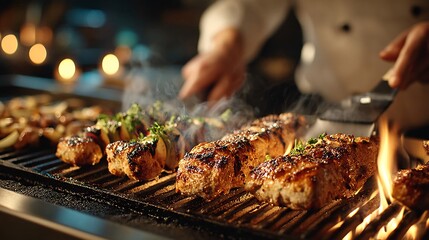 Naklejka premium Grilled Meat Cooking on Barbecue with Flames and Smoke Effects