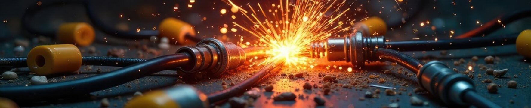 A chaotic scene of exploded wires and sparking electrical components, signifying the destructive power of a blown fuse , wires, blown fuse, low voltage