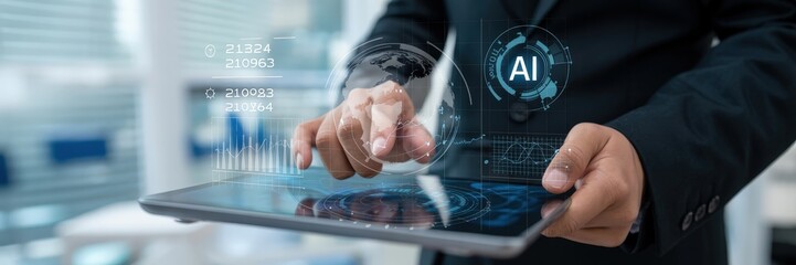 Businessperson interacts with a digital tablet displaying data visualizations and artificial intelligence indicators.