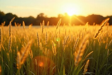 Fototapeta premium Serene landscape of tall prairie grasses swaying gently in the breeze, bathed in golden sunlight A picturesque scene of untouched nature at its finest , grass, countryside, plains