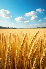 Naklejka premium Golden barley field under a vast summer sky, ripe stalks swaying gently in the breeze, ready for harvest A picturesque scene of agricultural abundance , swaying, harvest