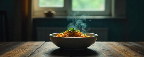 Empty bowl, untouched meal, dimly lit room, conveying feelings of profound sadness and lack of appetite associated with depression , lethargy, unhealthy eating, interior