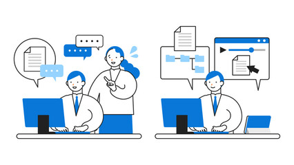 DX デジタルトランスフォーメーションを推進する社会のイラスト　e-ラーニングで属人化解消