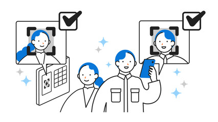 DX デジタルトランスフォーメーションを推進する社会のシンプルなイラスト　タイムカード顔認証