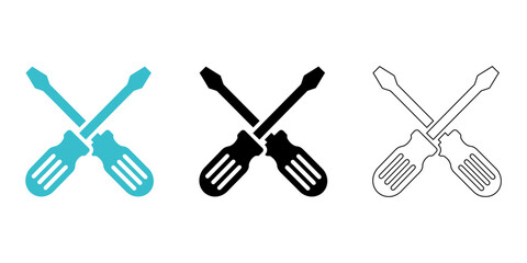 Vector art of three variations of crossed screwdrivers icon isolated on white background