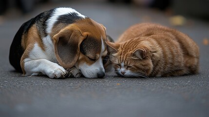 Two furry friends resting peacefully together on the ground