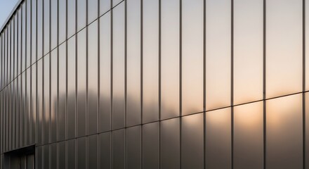 Close up of silver metal facade reflecting warm sunlight and a blurred background