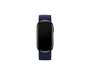 Detailed shot of a modern wrist sleep tracker with a stylish blue woven strap on a clean display