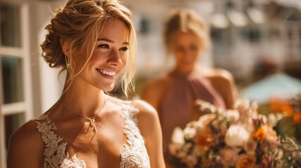 Fototapeta premium Elegant bride smiling with floral bouquet at outdoor wedding venue
