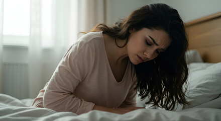 Distressed woman experiencing abdominal pain lying on bed at home in discomfort