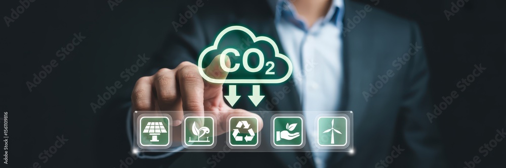 Aufkleber a person interacts with a virtual interface displaying environmental icons.