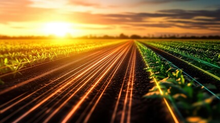 Agricultural field at sunset with rows of young plants and lines.