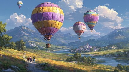 Obraz premium Colorful Hot Air Balloons Over Scenic Valley and Village Landscape