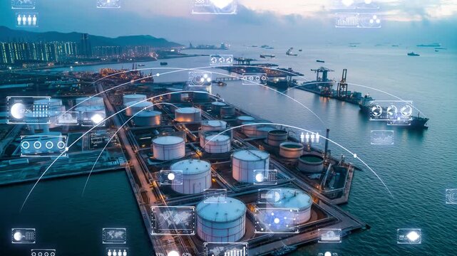 High-tech energy storage facility near coastline, connected by digital network and shipping