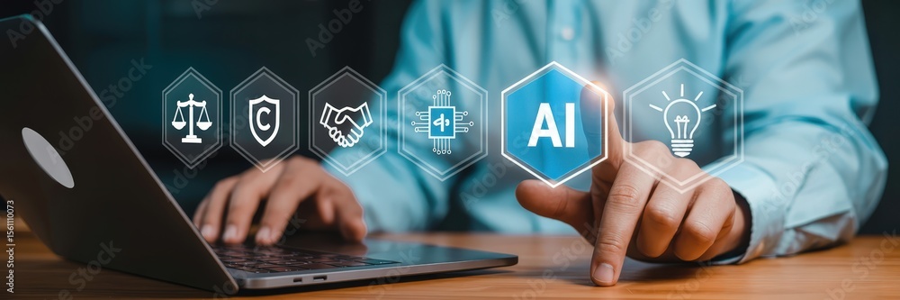 Poster person interacts with a laptop displaying futuristic ai concepts.