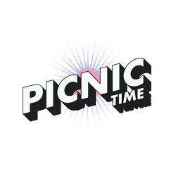 Vintage Style White Picnic Time Bold Typography with Blue and Pink Bursting Star