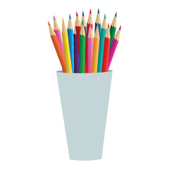 Vector illustration of colorful pencils in a cup, drawn in flat  style. Perfect for school, art, education, office, creativity, and stationery themes. Isolated on white background.

