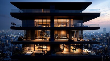 Modern luxury penthouse apartment building at twilight