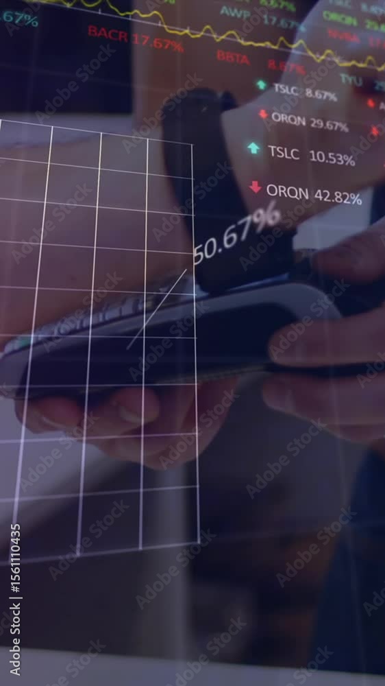 Poster animation of data processing with graph over diverse people paying with smartwatch