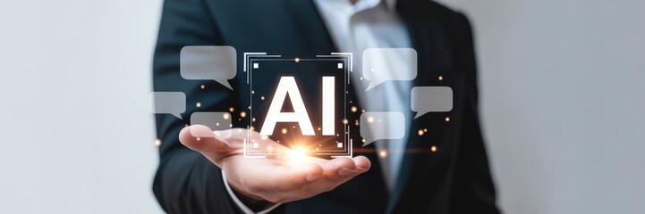 Businessperson holds a futuristic representation of artificial intelligence.