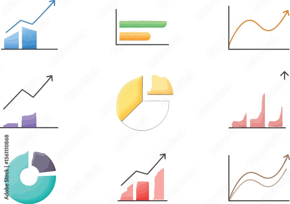 Poster various business charts and graphs displayed on a light gray background